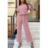 imagePRETTYGARDEN Womens One Piece Jumpsuits Dressy Casual Summer Short Sleeve Wrap V Neck Belted Wide Leg Pants RomperPink
