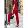 imagePRETTYGARDEN Womens One Piece Jumpsuits Dressy Casual Summer Short Sleeve Wrap V Neck Belted Wide Leg Pants RomperRed