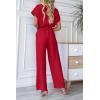 imagePRETTYGARDEN Womens One Piece Jumpsuits Dressy Casual Summer Short Sleeve Wrap V Neck Belted Wide Leg Pants RomperRed