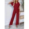 imagePRETTYGARDEN Womens One Piece Jumpsuits Dressy Casual Summer Short Sleeve Wrap V Neck Belted Wide Leg Pants RomperWine Red