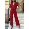 imagePRETTYGARDEN Womens One Piece Jumpsuits Dressy Casual Summer Short Sleeve Wrap V Neck Belted Wide Leg Pants RomperWine Red