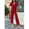 imagePRETTYGARDEN Womens One Piece Jumpsuits Dressy Casual Summer Short Sleeve Wrap V Neck Belted Wide Leg Pants RomperWine Red
