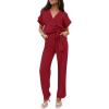 imagePRETTYGARDEN Womens One Piece Jumpsuits Dressy Casual Summer Short Sleeve Wrap V Neck Belted Wide Leg Pants RomperWine Red