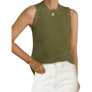 imagePRETTYGARDEN Summer Crochet Tank Tops for Women 2024 Casual Crewneck Hollow Out Loose Knit Sleeveless Sweater Vest Top TrendyArmy Green