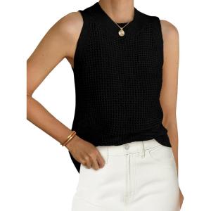 imagePRETTYGARDEN Summer Crochet Tank Tops for Women 2024 Casual Crewneck Hollow Out Loose Knit Sleeveless Sweater Vest Top TrendyBlack