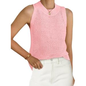 imagePRETTYGARDEN Summer Crochet Tank Tops for Women 2024 Casual Crewneck Hollow Out Loose Knit Sleeveless Sweater Vest Top TrendyPink