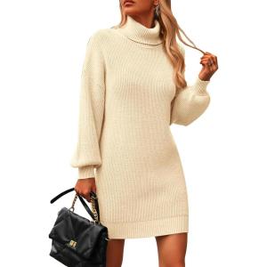 imagePRETTYGARDEN Sweater Dress for Women Long Puff Sleeve Turtleneck Ribbed Knit Oversized Pullover Winter Short DressApricot