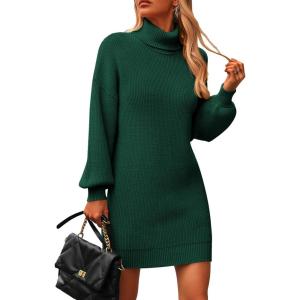 imagePRETTYGARDEN Sweater Dress for Women Long Puff Sleeve Turtleneck Ribbed Knit Oversized Pullover Winter Short DressDark Green