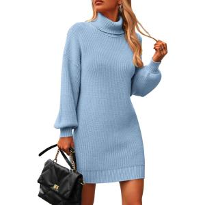 imagePRETTYGARDEN Sweater Dress for Women Long Puff Sleeve Turtleneck Ribbed Knit Oversized Pullover Winter Short DressSky Blue