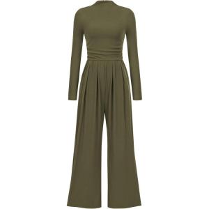 imagePRETTYGARDEN Womens Jumpsuit Dressy Casual Spring Fall Fashion One Piece Outfits Long Sleeve Mock Neck Wide Leg Pants RompersArmy Green