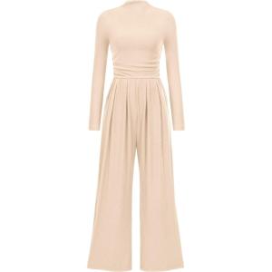 imagePRETTYGARDEN Womens Jumpsuit Dressy Casual Spring Fall Fashion One Piece Outfits Long Sleeve Mock Neck Wide Leg Pants RompersBeige