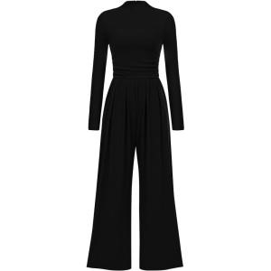 imagePRETTYGARDEN Womens Jumpsuit Dressy Casual Spring Fall Fashion One Piece Outfits Long Sleeve Mock Neck Wide Leg Pants RompersBlack