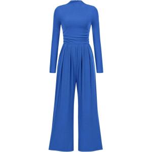 imagePRETTYGARDEN Womens Jumpsuit Dressy Casual Spring Fall Fashion One Piece Outfits Long Sleeve Mock Neck Wide Leg Pants RompersBlue