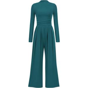 imagePRETTYGARDEN Womens Jumpsuit Dressy Casual Spring Fall Fashion One Piece Outfits Long Sleeve Mock Neck Wide Leg Pants RompersBlue Green