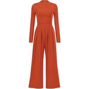 imagePRETTYGARDEN Womens Jumpsuit Dressy Casual Spring Fall Fashion One Piece Outfits Long Sleeve Mock Neck Wide Leg Pants RompersBrick Red