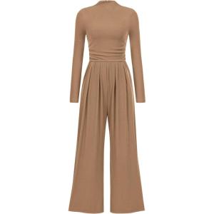 imagePRETTYGARDEN Womens Jumpsuit Dressy Casual Spring Fall Fashion One Piece Outfits Long Sleeve Mock Neck Wide Leg Pants RompersCamel