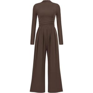 imagePRETTYGARDEN Womens Jumpsuit Dressy Casual Spring Fall Fashion One Piece Outfits Long Sleeve Mock Neck Wide Leg Pants RompersCoffee