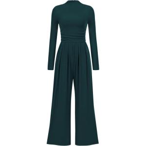 imagePRETTYGARDEN Womens Jumpsuit Dressy Casual Spring Fall Fashion One Piece Outfits Long Sleeve Mock Neck Wide Leg Pants RompersDark Green
