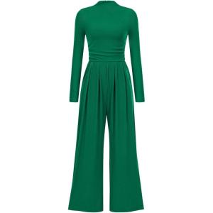imagePRETTYGARDEN Womens Jumpsuit Dressy Casual Spring Fall Fashion One Piece Outfits Long Sleeve Mock Neck Wide Leg Pants RompersGreen