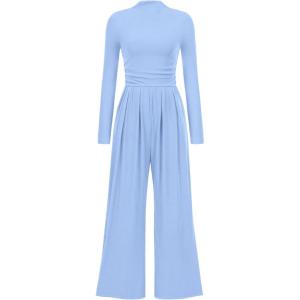 imagePRETTYGARDEN Womens Jumpsuit Dressy Casual Spring Fall Fashion One Piece Outfits Long Sleeve Mock Neck Wide Leg Pants RompersLight Blue