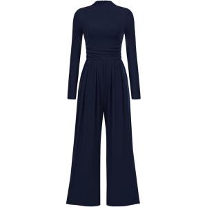 imagePRETTYGARDEN Womens Jumpsuit Dressy Casual Spring Fall Fashion One Piece Outfits Long Sleeve Mock Neck Wide Leg Pants RompersNavy