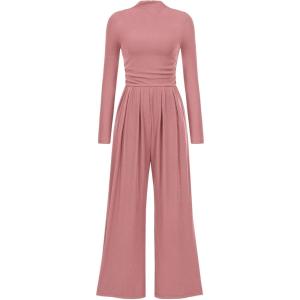 imagePRETTYGARDEN Womens Jumpsuit Dressy Casual Spring Fall Fashion One Piece Outfits Long Sleeve Mock Neck Wide Leg Pants RompersPink