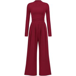 imagePRETTYGARDEN Womens Jumpsuit Dressy Casual Spring Fall Fashion One Piece Outfits Long Sleeve Mock Neck Wide Leg Pants RompersWine Red