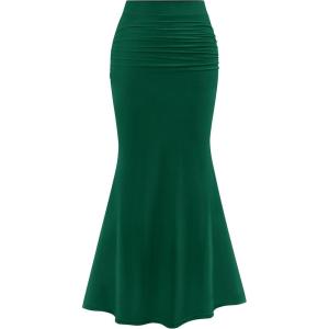 imagePRETTYGARDEN Womens Maxi Mermaid Bodycon Skirt 2025 Trendy Summer Casual High Waisted Ruffle Ruched Long Mesh SkirtsDark Green