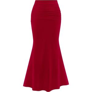 imagePRETTYGARDEN Womens Maxi Mermaid Bodycon Skirt 2025 Trendy Summer Casual High Waisted Ruffle Ruched Long Mesh SkirtsRed
