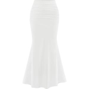 imagePRETTYGARDEN Womens Maxi Mermaid Bodycon Skirt 2025 Trendy Summer Casual High Waisted Ruffle Ruched Long Mesh SkirtsWhite