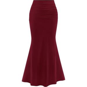 imagePRETTYGARDEN Womens Maxi Mermaid Bodycon Skirt 2025 Trendy Summer Casual High Waisted Ruffle Ruched Long Mesh SkirtsWine Red