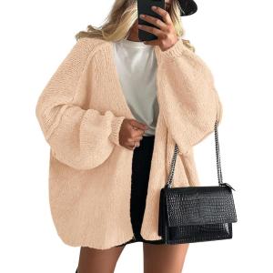 imagePRETTYGARDEN Womens Oversized Cardigan Sweaters 2025 Fall Long Lantern Sleeve Knit Open Front Lightweight SweaterApricot
