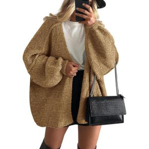 imagePRETTYGARDEN Womens Oversized Cardigan Sweaters 2025 Fall Long Lantern Sleeve Knit Open Front Lightweight SweaterCamel