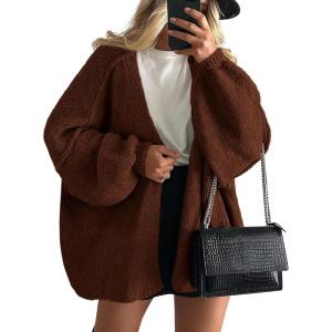imagePRETTYGARDEN Womens Oversized Cardigan Sweaters 2025 Fall Long Lantern Sleeve Knit Open Front Lightweight SweaterCaramel