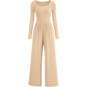 imagePRETTYGARDEN Womens Spring Fall Fashion One Piece Jumpsuits Dressy Casual Long Sleeve Wide Leg Ribbed Knit RompersBeige
