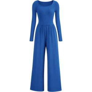 imagePRETTYGARDEN Womens Spring Fall Fashion One Piece Jumpsuits Dressy Casual Long Sleeve Wide Leg Ribbed Knit RompersBlue