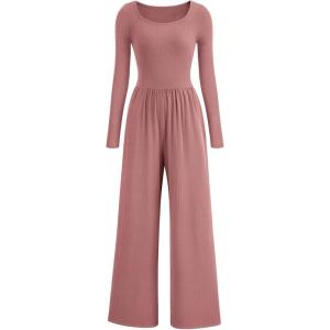 imagePRETTYGARDEN Womens Spring Fall Fashion One Piece Jumpsuits Dressy Casual Long Sleeve Wide Leg Ribbed Knit RompersDusty Pink