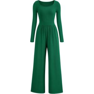 imagePRETTYGARDEN Womens Spring Fall Fashion One Piece Jumpsuits Dressy Casual Long Sleeve Wide Leg Ribbed Knit RompersGreen