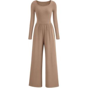 imagePRETTYGARDEN Womens Spring Fall Fashion One Piece Jumpsuits Dressy Casual Long Sleeve Wide Leg Ribbed Knit RompersKhaki