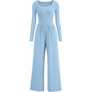 imagePRETTYGARDEN Womens Spring Fall Fashion One Piece Jumpsuits Dressy Casual Long Sleeve Wide Leg Ribbed Knit RompersLight Blue