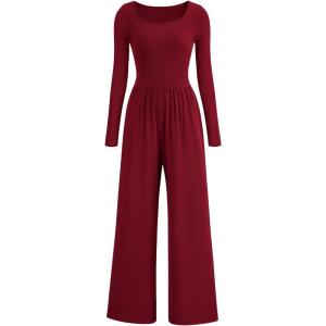imagePRETTYGARDEN Womens Spring Fall Fashion One Piece Jumpsuits Dressy Casual Long Sleeve Wide Leg Ribbed Knit RompersWine Red