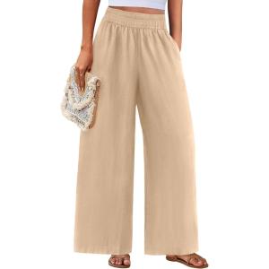 imagePRETTYGARDEN Womens Wide Leg Pants Casual 2025 Elastic Waist Loose Flowy Palazzo Pants Trousers with PocketsBeige