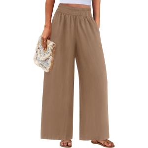 imagePRETTYGARDEN Womens Wide Leg Pants Casual 2025 Elastic Waist Loose Flowy Palazzo Pants Trousers with PocketsKhaki