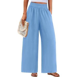 imagePRETTYGARDEN Womens Wide Leg Pants Casual 2025 Elastic Waist Loose Flowy Palazzo Pants Trousers with PocketsLight Blue