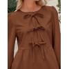 imagePRETTYGARDEN Womens Babydoll Tops 2025 Spring Trendy 34 Length Puff Sleeve Bow Tie Front Cute Peplum Blouses ShirtsBrown