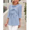 imagePRETTYGARDEN Womens Babydoll Tops 2025 Spring Trendy 34 Length Puff Sleeve Bow Tie Front Cute Peplum Blouses ShirtsLight Blue