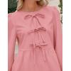 imagePRETTYGARDEN Womens Babydoll Tops 2025 Spring Trendy 34 Length Puff Sleeve Bow Tie Front Cute Peplum Blouses ShirtsPink