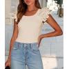 imagePRETTYGARDEN Womens Ruffle Short Sleeve Shirts 2025 Summer Casual Basic Tee Cute Fitted Crew Neck Fashion Tops ClothesBeige