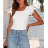 imagePRETTYGARDEN Womens Ruffle Short Sleeve Shirts 2025 Summer Casual Basic Tee Cute Fitted Crew Neck Fashion Tops ClothesBeige White