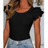 imagePRETTYGARDEN Womens Ruffle Short Sleeve Shirts 2025 Summer Casual Basic Tee Cute Fitted Crew Neck Fashion Tops ClothesBlack